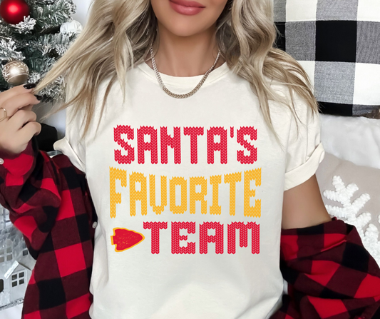 DTF TRANSFER ONLY  - Santa's Favorite Team Red/Gold Text