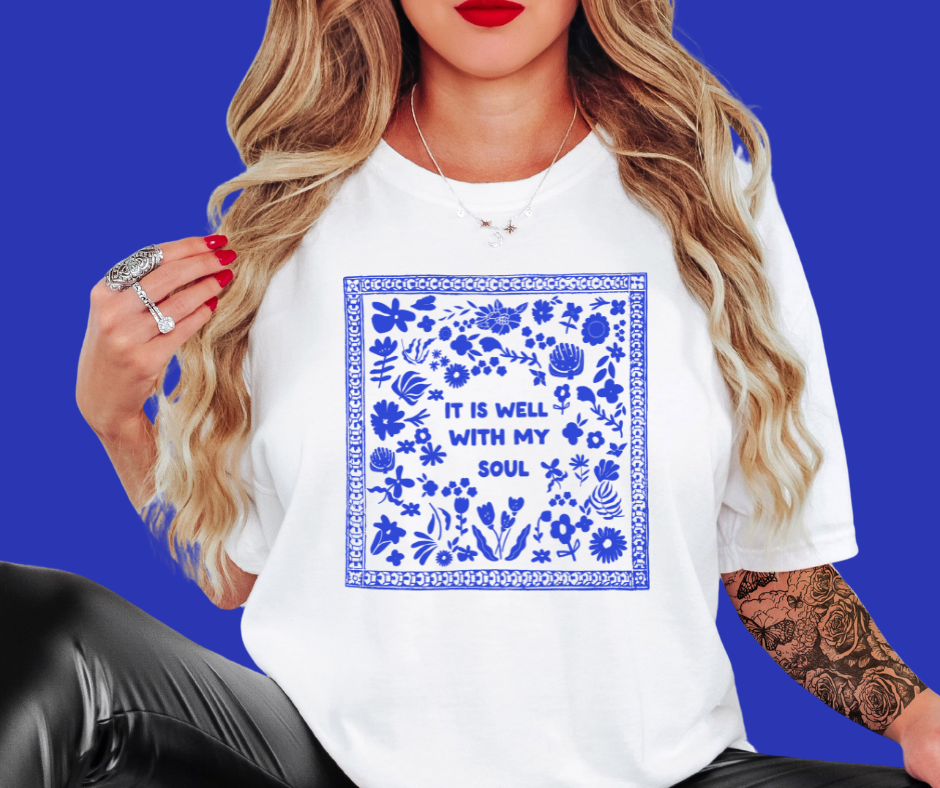 DTF TRANSFER ONLY  - It Is Well With My Soul Blue Floral Print