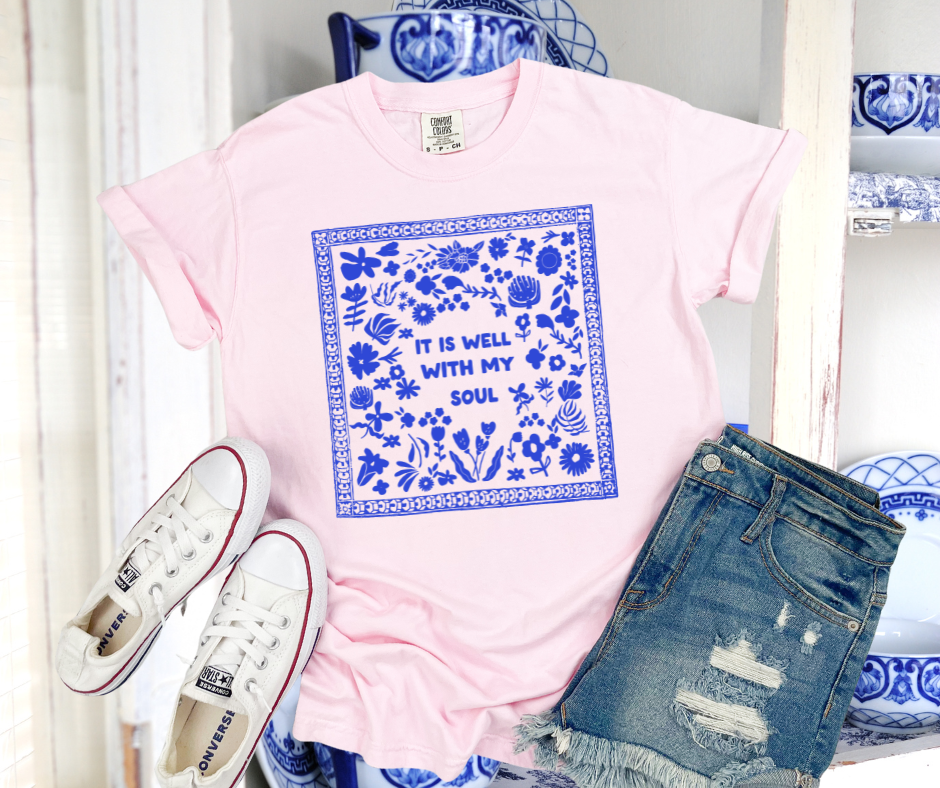 DTF TRANSFER ONLY  - It Is Well With My Soul Blue Floral Print