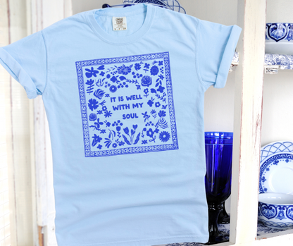 DTF TRANSFER ONLY  - It Is Well With My Soul Blue Floral Print