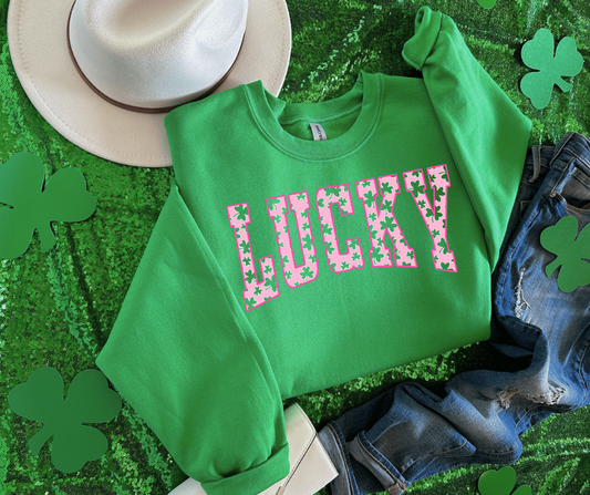 DTF TRANSFER ONLY  - Pink Lucky (Shamrocks are cutout so shirt color shows through)